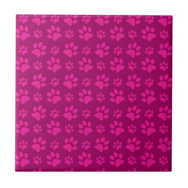 Magenta pink dog paw prints pattern tile (Front)