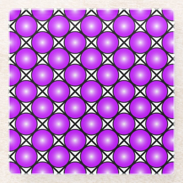 Magenta Pink Dots Black White Lattice Pattern Glass Coaster (Front)
