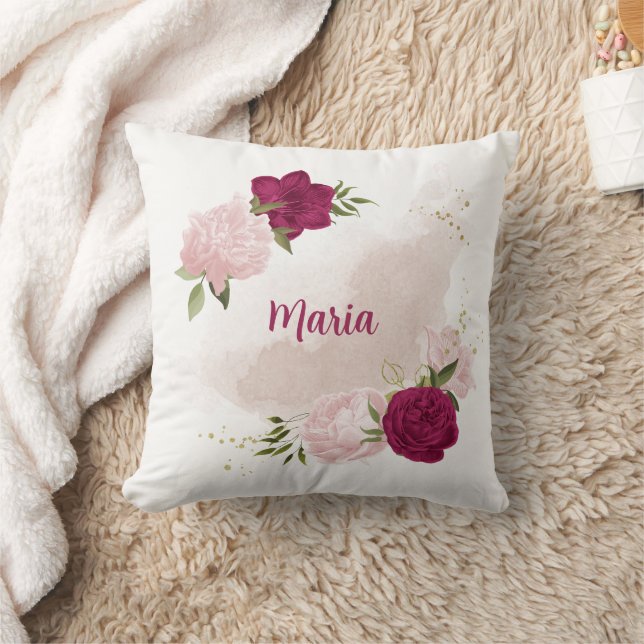magenta pink floral greenery cushion (Blanket)