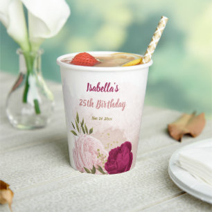 magenta pink floral greenery paper cups