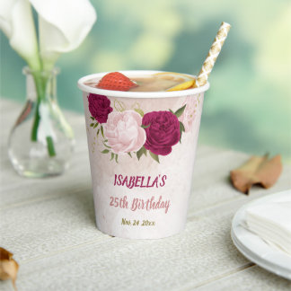 magenta pink floral greenery  paper cups