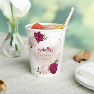 magenta pink floral greenery paper cups
