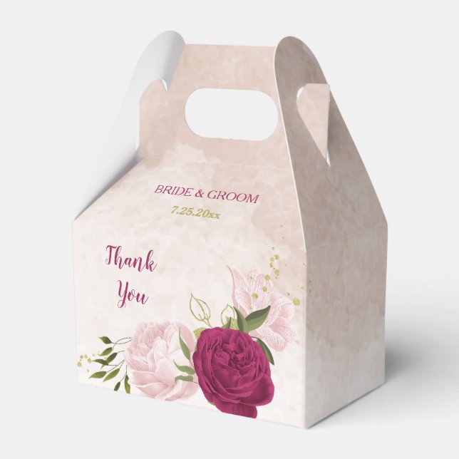 magenta pink floral greenery wedding favour box (Front Side)