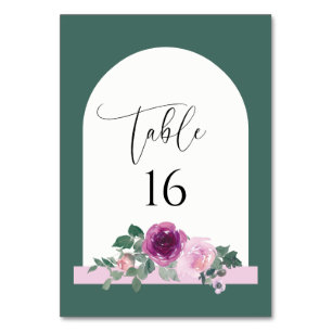 Magenta Pink Floral Leafy Green Arched Table Number