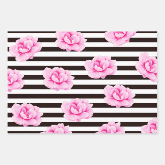 Magenta Pink Floral Stripe Wrapping Paper Set of 3