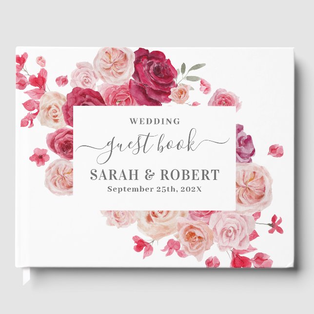 Magenta Pink Floral Wedding Guest Book (Front)