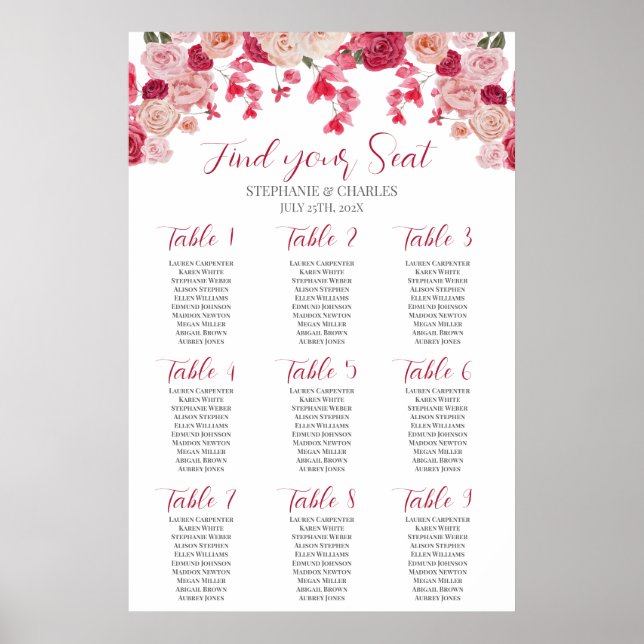 Magenta Pink Floral Wedding Seating Chart (Front)