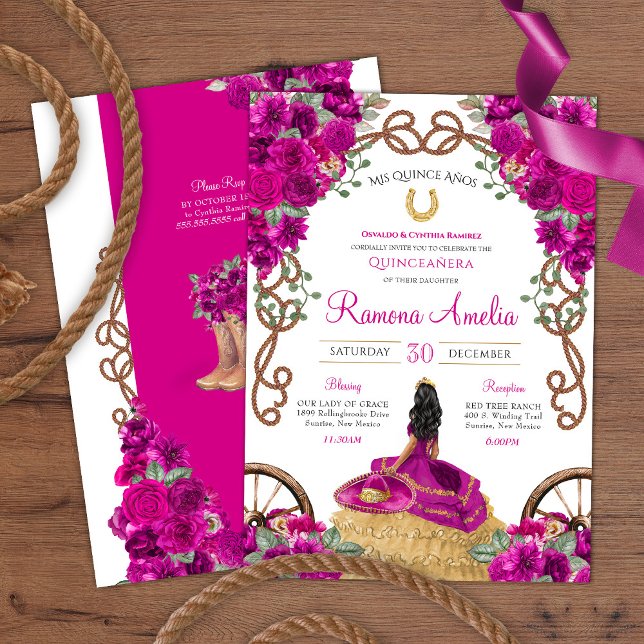 Magenta Pink Floral Western Charra Quinceañera Invitation (Creator Uploaded)