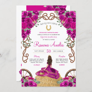Magenta Pink Floral Western Charro Quinceanera Invitation