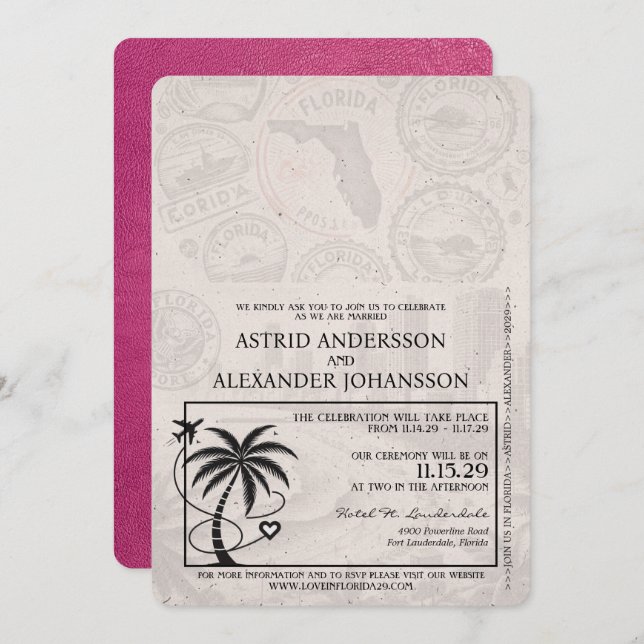 Magenta Pink Florida Passport Wedding Invitation (Front/Back)