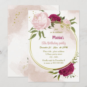 magenta pink flowers green leaves birthday invitation
