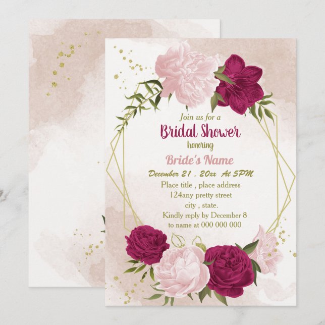 magenta pink flowers green leaves bridal shower invitation (Front/Back)
