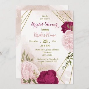 magenta pink flowers green leaves bridal shower invitation