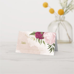magenta pink flowers green leaves place card