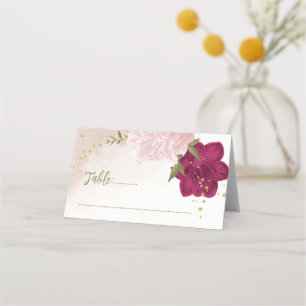 magenta pink flowers green leaves place card