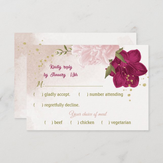 magenta pink flowers green leaves RSVP card (Front/Back)