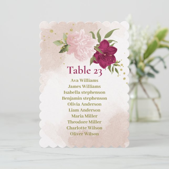 magenta pink flowers greenery seating chart card (Standing Front)