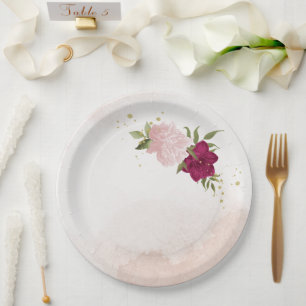 magenta pink flowers greenery wedding paper plate
