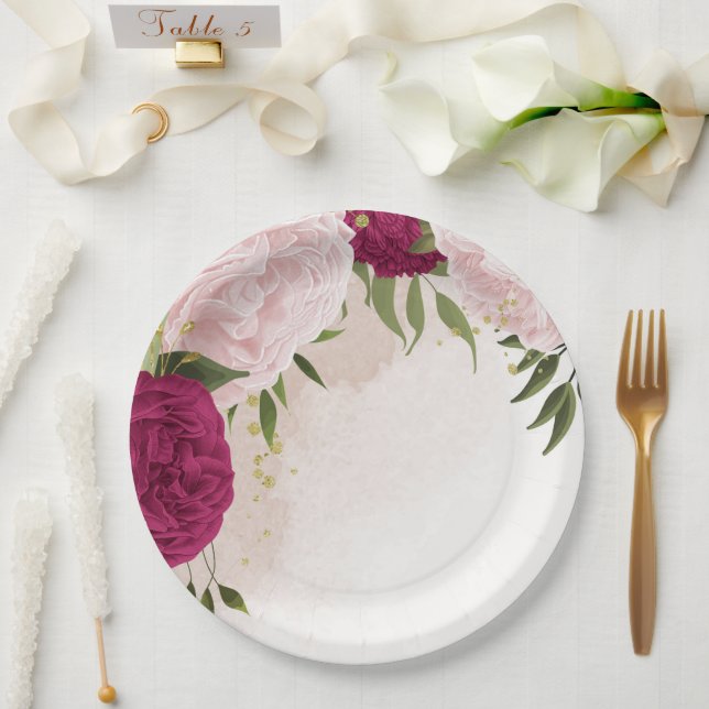 magenta pink flowers greenery wedding paper plate (Wedding)