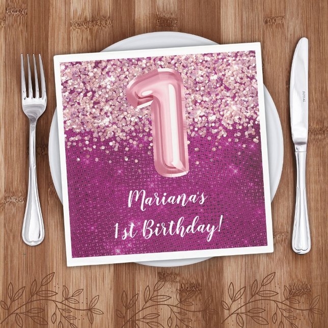 Magenta Pink Girl 1st Birthday Party Napkin (Creator Uploaded)