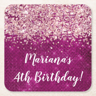 Magenta Pink Girl Any Age Birthday Party Square Paper Coaster