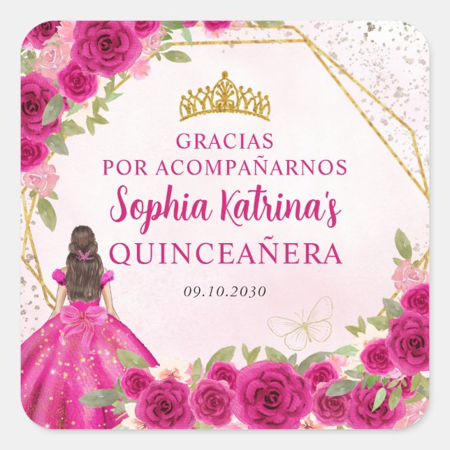 Magenta Pink Gold Floral Princess Tiara Thank You Square Sticker (Front)