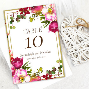 Magenta Pink Gold Floral Wedding Table Number