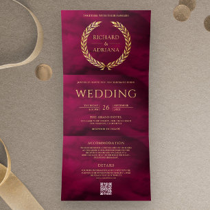 Magenta Pink Gold Laurel Minimal QR Code Wedding Tri-Fold Invitation