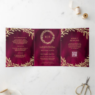 Magenta Pink Gold Leaf Branch QR Code Wedding Tri-Fold Invitation