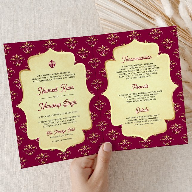 Magenta Pink Gold Ornate Anand Karaj Sikh Wedding Invitation (Creator Uploaded)