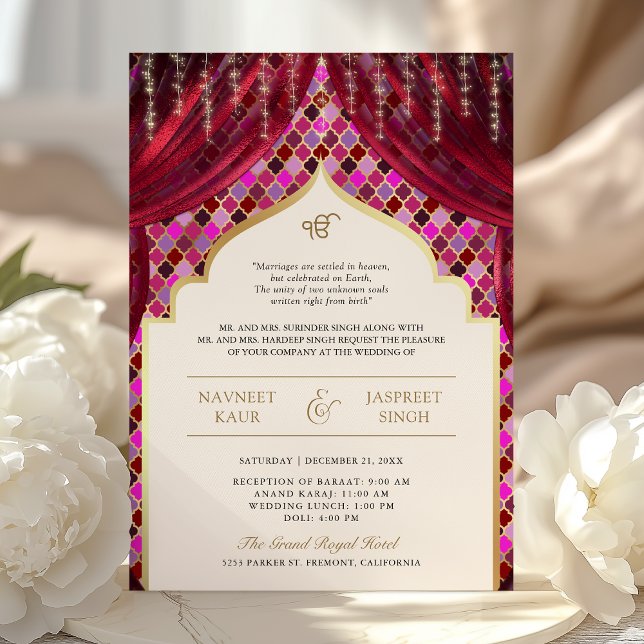Magenta Pink Gold Quatrefoil QR Code Sikh Wedding Invitation (Creator Uploaded)