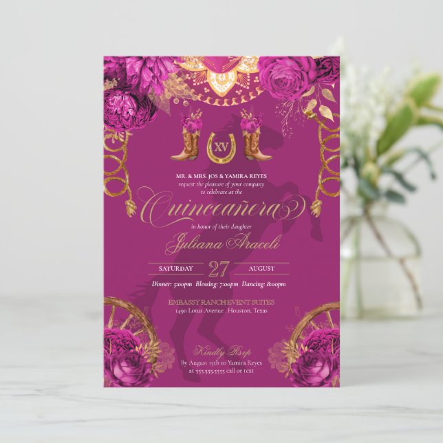 Magenta Pink Gold Roses Elegant Charro Quinceanera Invitation (Standing Front)
