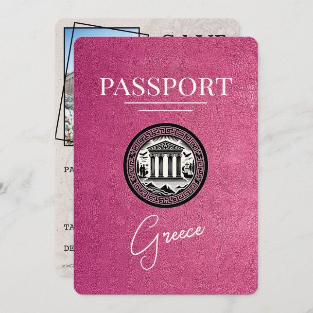 Magenta Pink Greece Passport Save the Date Card (Front/Back)