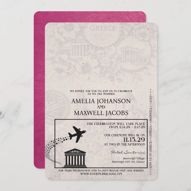 Magenta Pink Greece Passport Wedding Invitation (Front/Back)