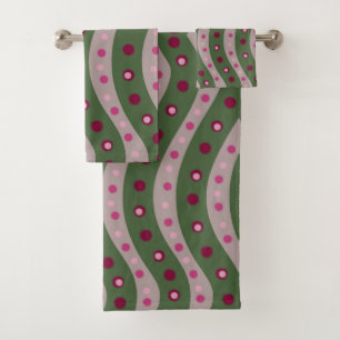 Magenta Pink Green Springtime Polka Dot Patterned Bath Towel Set