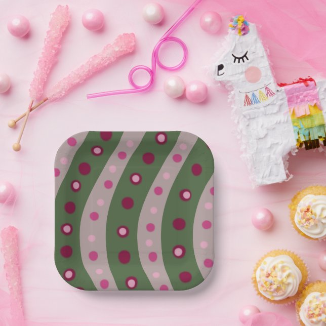 Magenta Pink Green Springtime Polka Dot Patterned Paper Plate (Party)