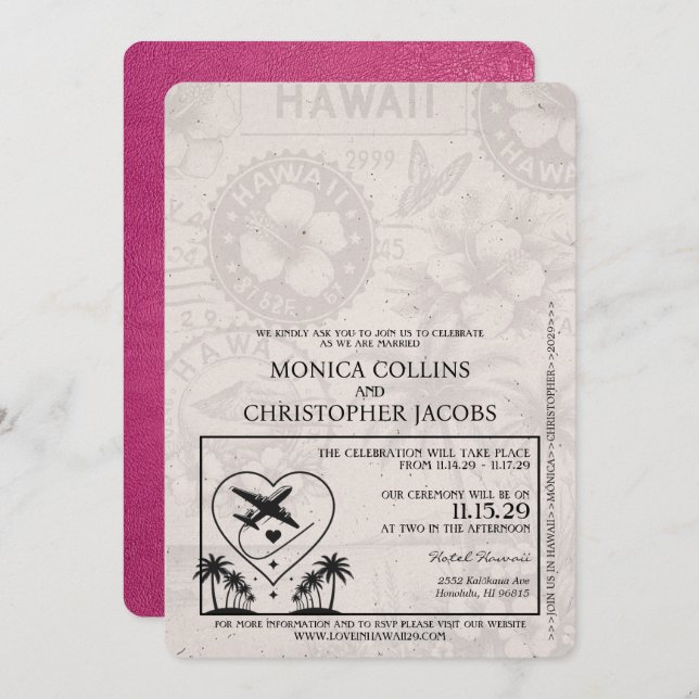 Magenta Pink Hawaii Passport Wedding Invitation (Front/Back)