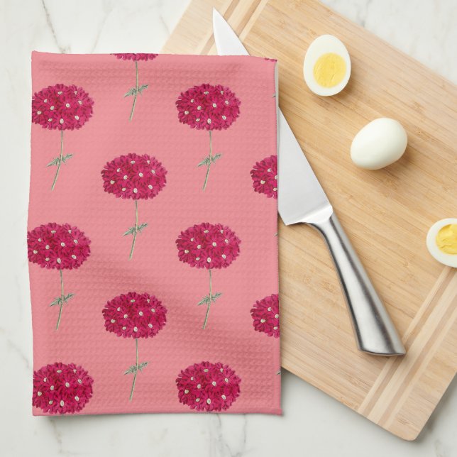 Magenta Pink Hydrangea Vintage Style Kitchen Tea Towel (Quarter Fold)
