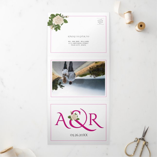 Magenta pink initials and ampersand, rose wedding Tri-Fold invitation (Outside)