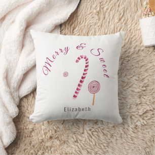 Magenta pink Merry & sweet candy cane Throw Pillow