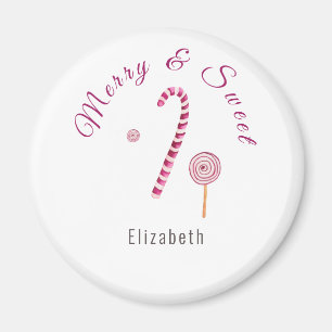 Magenta pink Merry & sweet candy cane watercolor Magnet