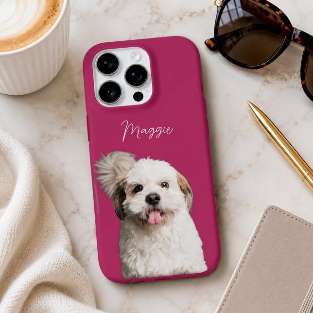 Magenta Pink Modern Dog Photo and Script Name iPhone Case (Creator Uploaded)