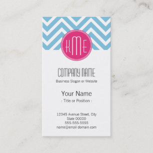 Magenta Pink Monogram with Light Blue Chevron Business Card
