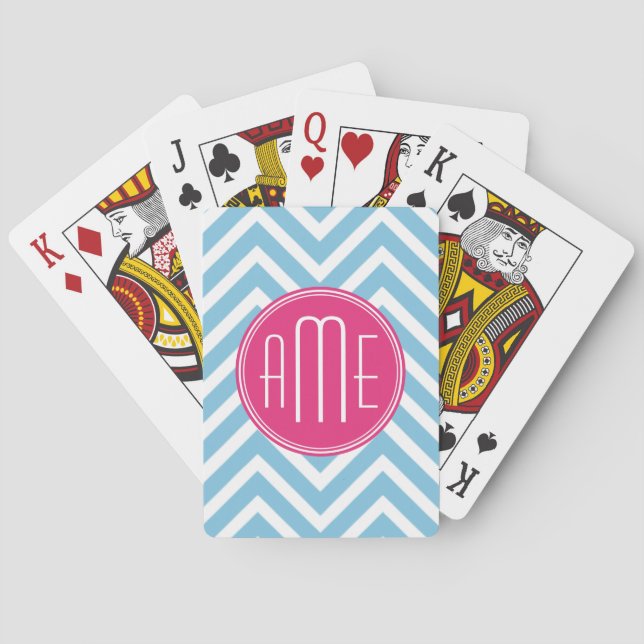 Magenta Pink Monogram with Light Blue Chevron Playing Cards (Back)