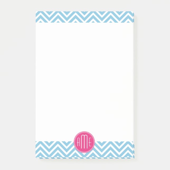 Magenta Pink Monogram with Light Blue Chevron Post-it Notes (Front)