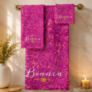 Magenta Pink Mosaic Glass Tile Bold Abstract Bath Towel Set