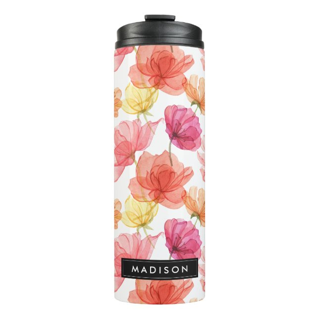 Magenta Pink & Orange Watercolor Floral Thermal Tumbler (Front)