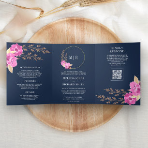 Magenta Pink Orchid Floral QR Code Navy Wedding Tri-Fold Invitation