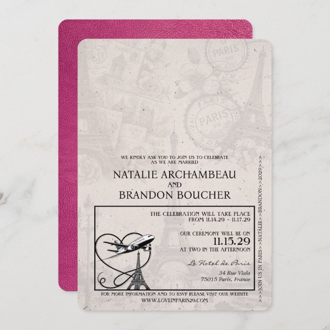 Magenta Pink Paris Passport Wedding Invitation (Front/Back)