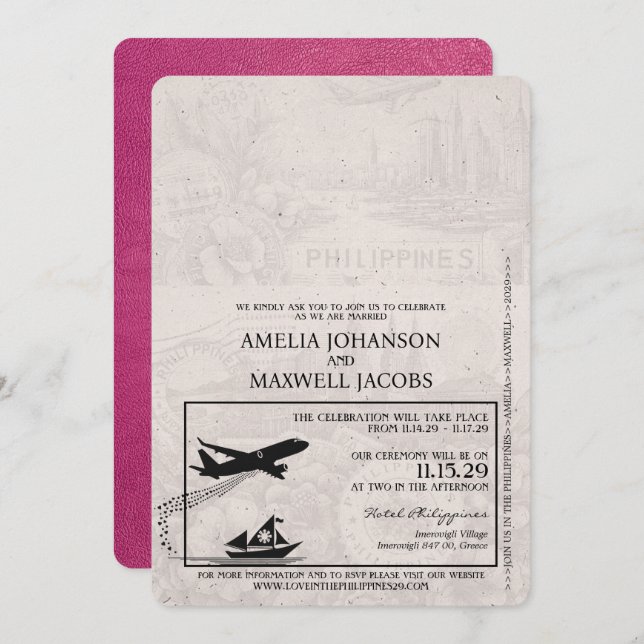 Magenta Pink Philippines Passport Wedding Invitation (Front/Back)